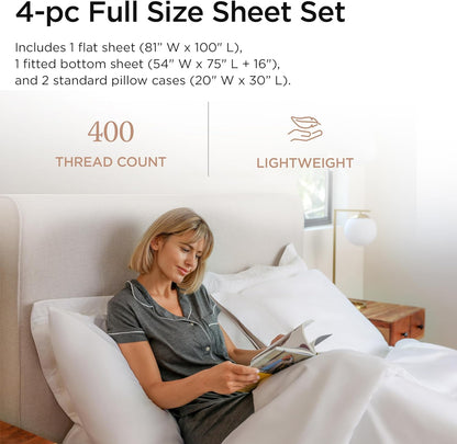 Egyptian Cotton Full Size Sheet Set | 100% Certified Egyptian Cotton Sheets for Full Size Bed | Full Bed Sheets Set 16" Deep Pocket | Soft Sateen 4-Piece Cooling Bedding Set | White